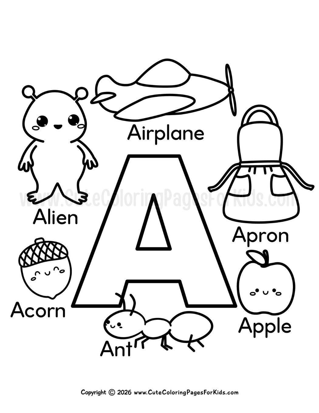 coloring page with big A and A-themed objects surrounding it (airplane, apron, alien, acorn, apple, and ant)