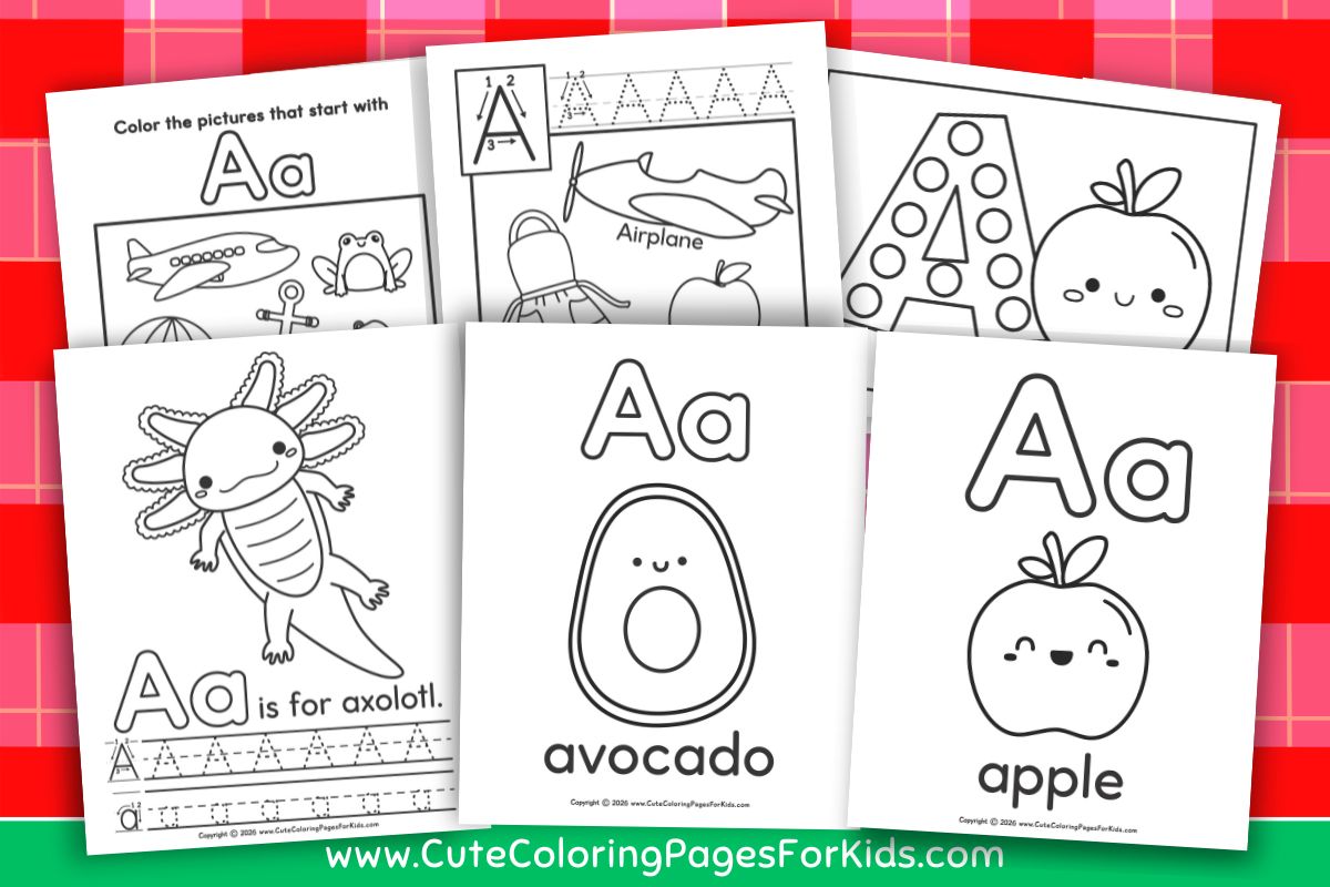 preview image of letter A coloring pages, featuring 6 designs from cutecoloringpagesforkids.com
