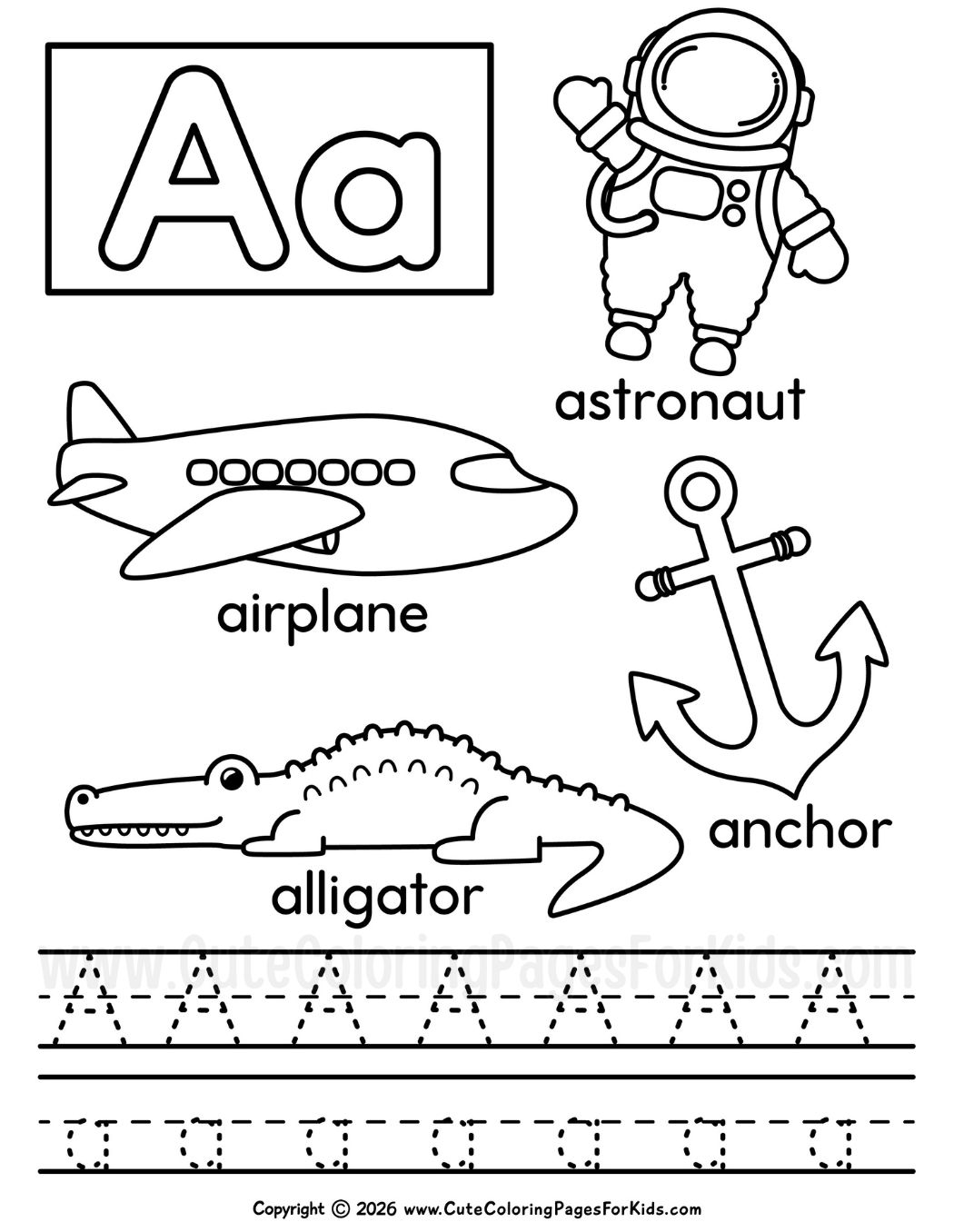 Letter A coloring page with astronaut, airplane, anchor, and an alligator, plus dashed letter A lines to trace