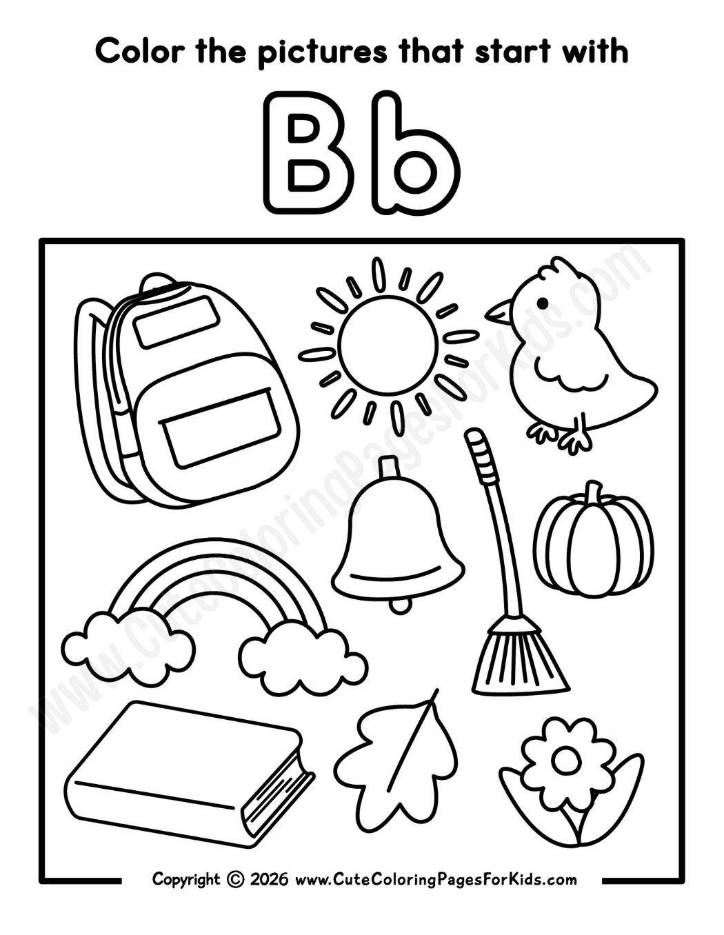 letter b coloring activity sheet for kids 