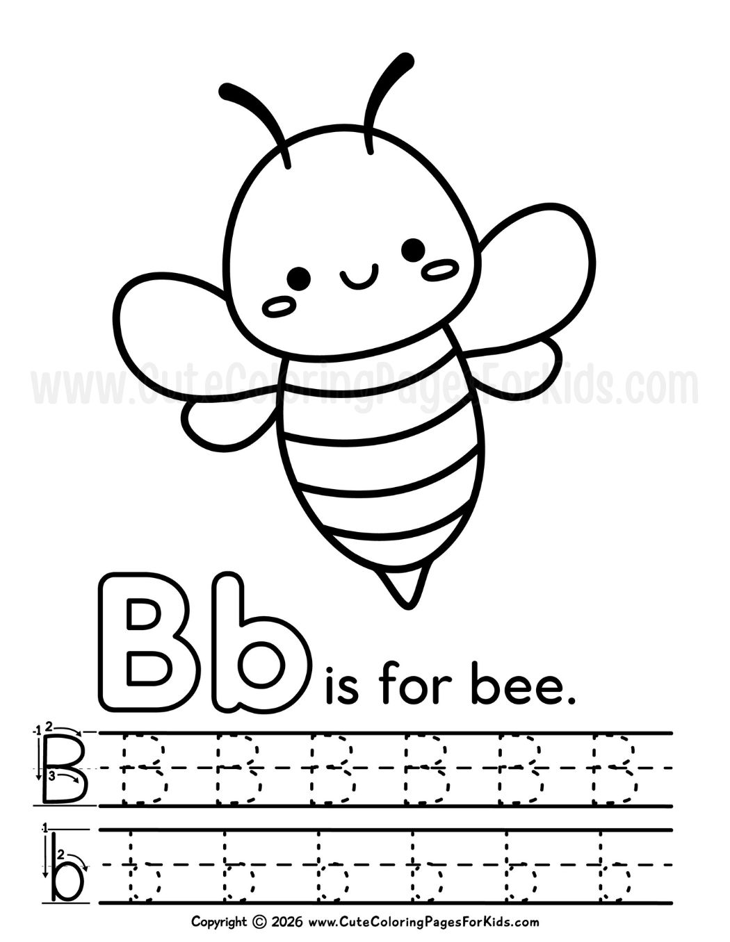 B is for Bee coloring page with letter B writing practice
