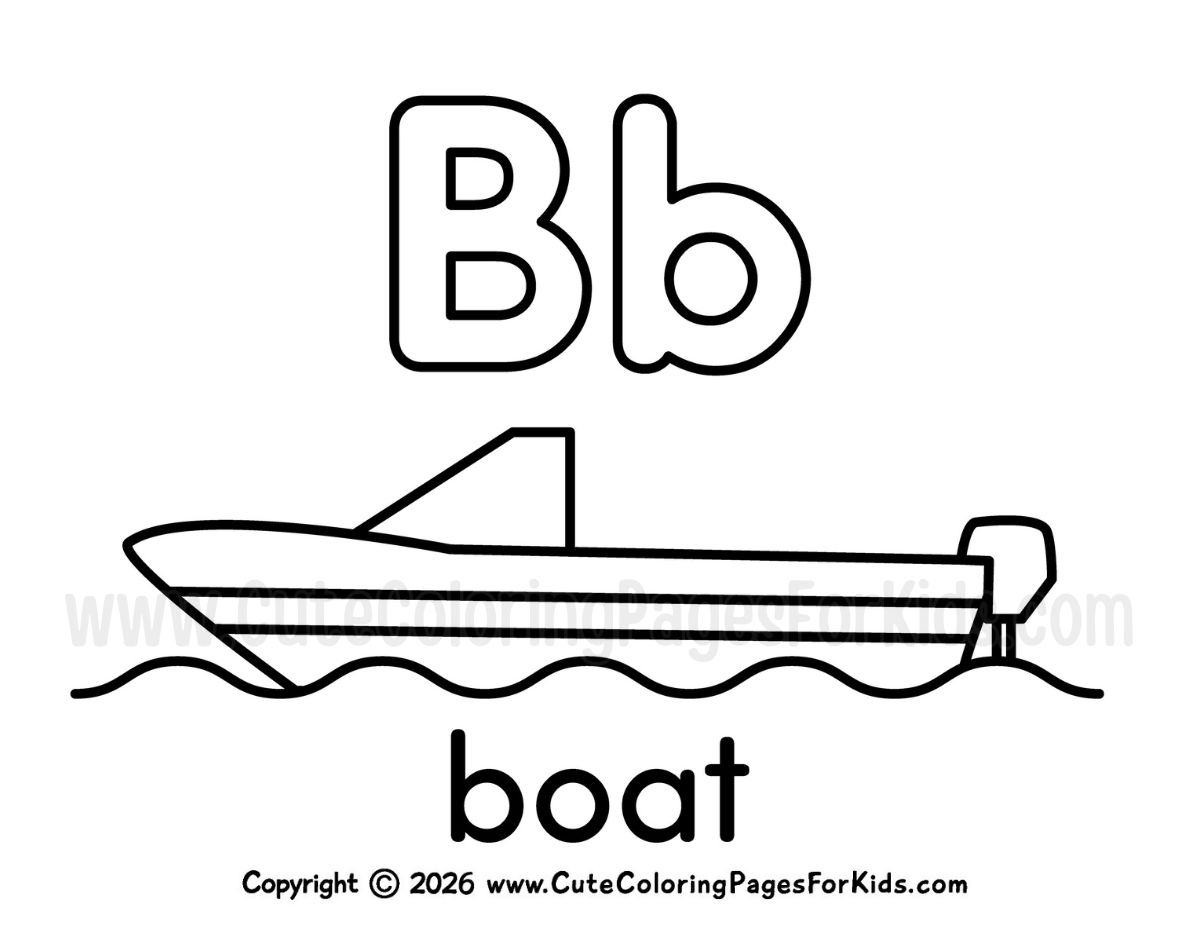 letter B coloring page with line drawing of a boat in the water and the letter B in upper and lowercase, with the word boat at the bottom