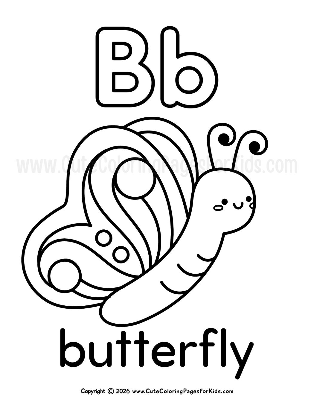 Letter B coloring sheet with an illustration of a beautiful butterfly