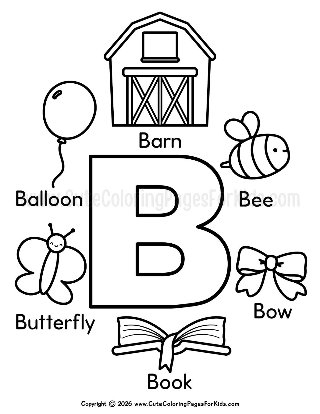 coloring page with big B and B-themed objects surrounding it (barn, balloon, bee, bow, butterfly, and book)