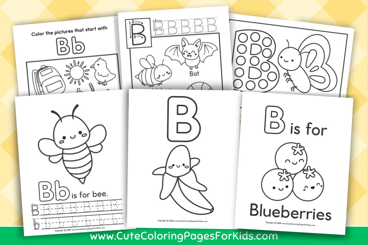 preview image of letter B coloring pages, featuring 6 designs from cutecoloringpagesforkids.com