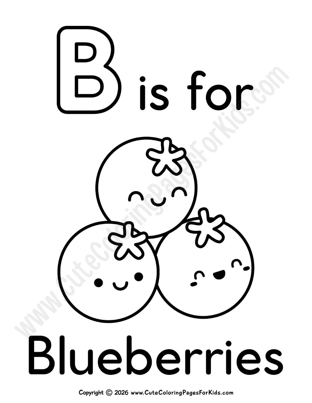B is for Blueberries coloring sheet with cute blueberries to color