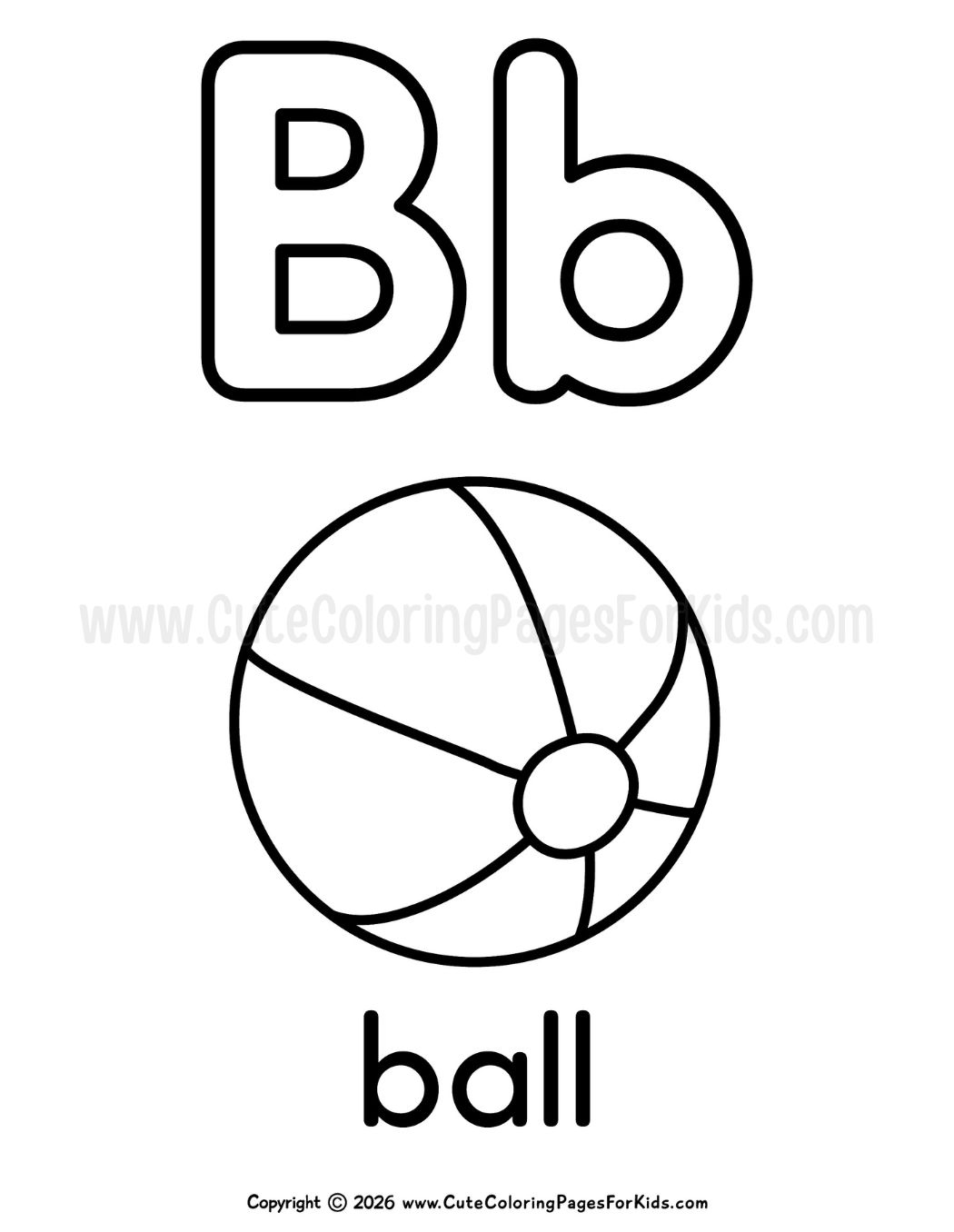 coloring page with uppercase and lowercase B, and a beach ball 