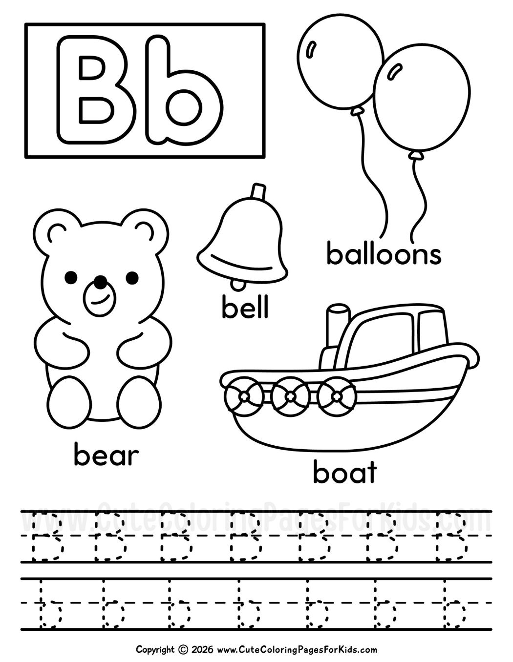 Letter B coloring page with balloons, a bear, a bell, and a boat, plus dashed letter B lines to trace