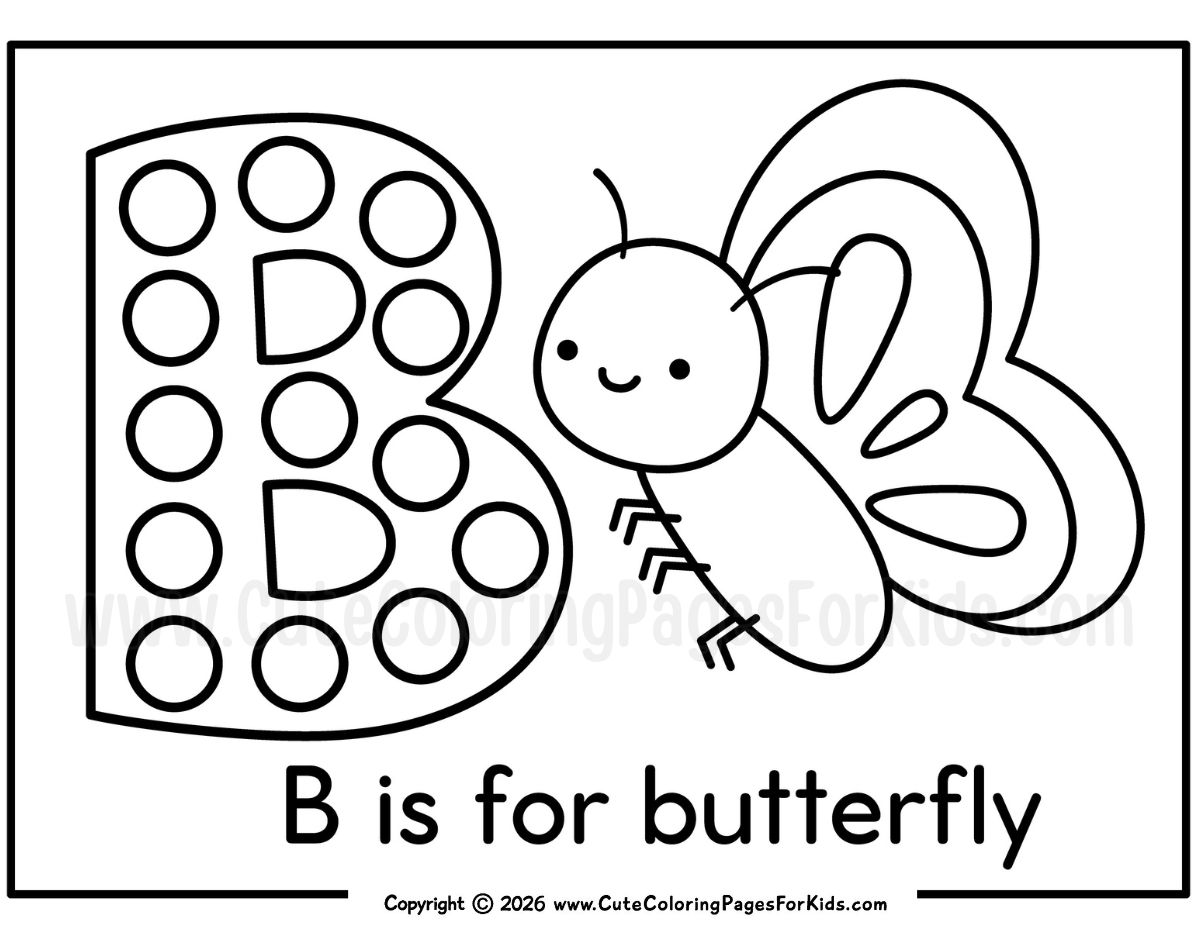 coloring page that has a letter B with dot marker dots and a cute butterfly to color