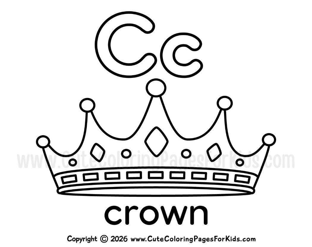 letter C coloring page with line drawing of a crown and the letter C in upper and lowercase