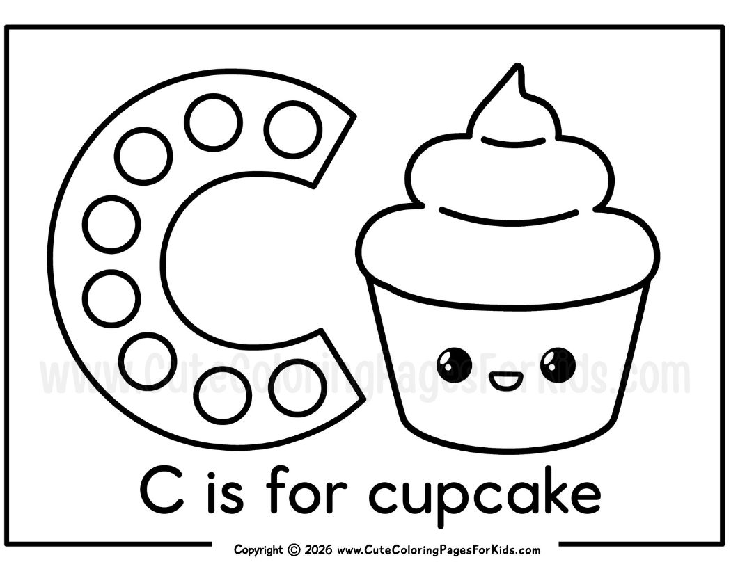 coloring page that has a letter C with dot marker dots and a cute cupcake to color
