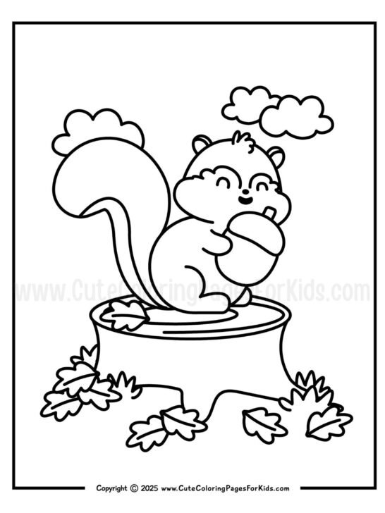 coloring page with picture of a squirrel on a tree stump and holding an acorn. Fallen leaves surround the tree trunk.