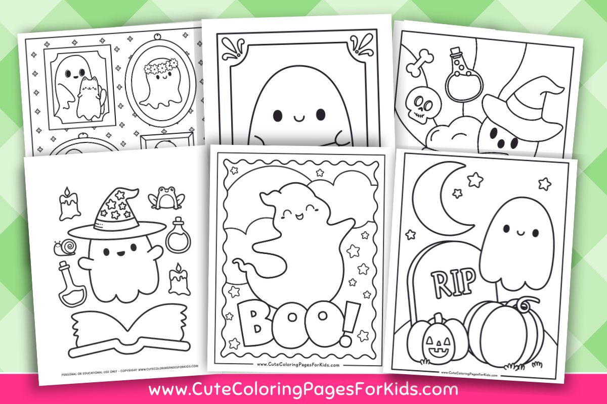 preview of six ghost themed coloring pages from cutecoloringpagesforkids.com