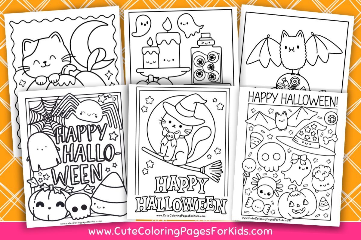 preview of six free Halloween coloring pages from cutecoloringpagesforkids.com