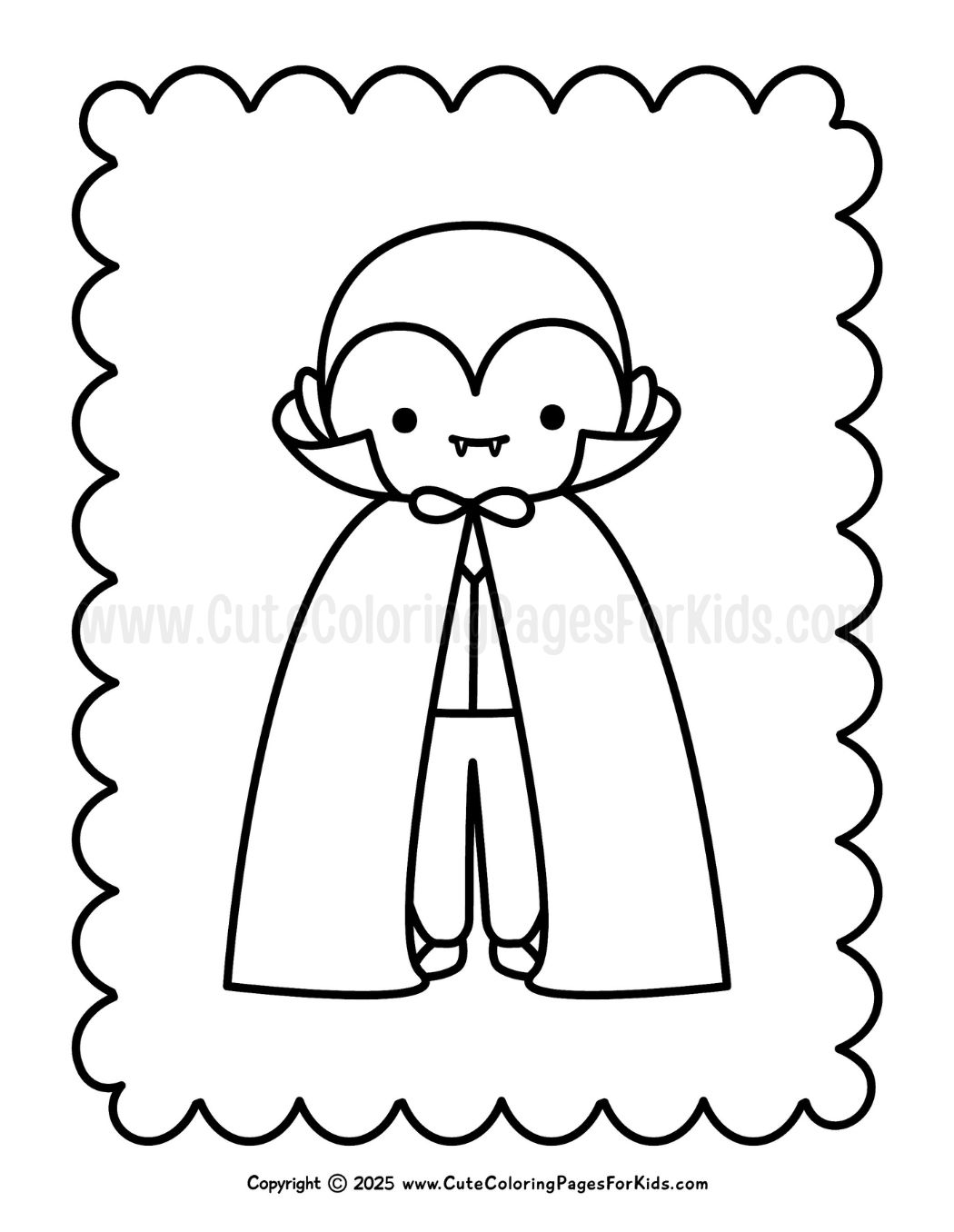coloring page with simple line drawing of a cute dracula or vampire