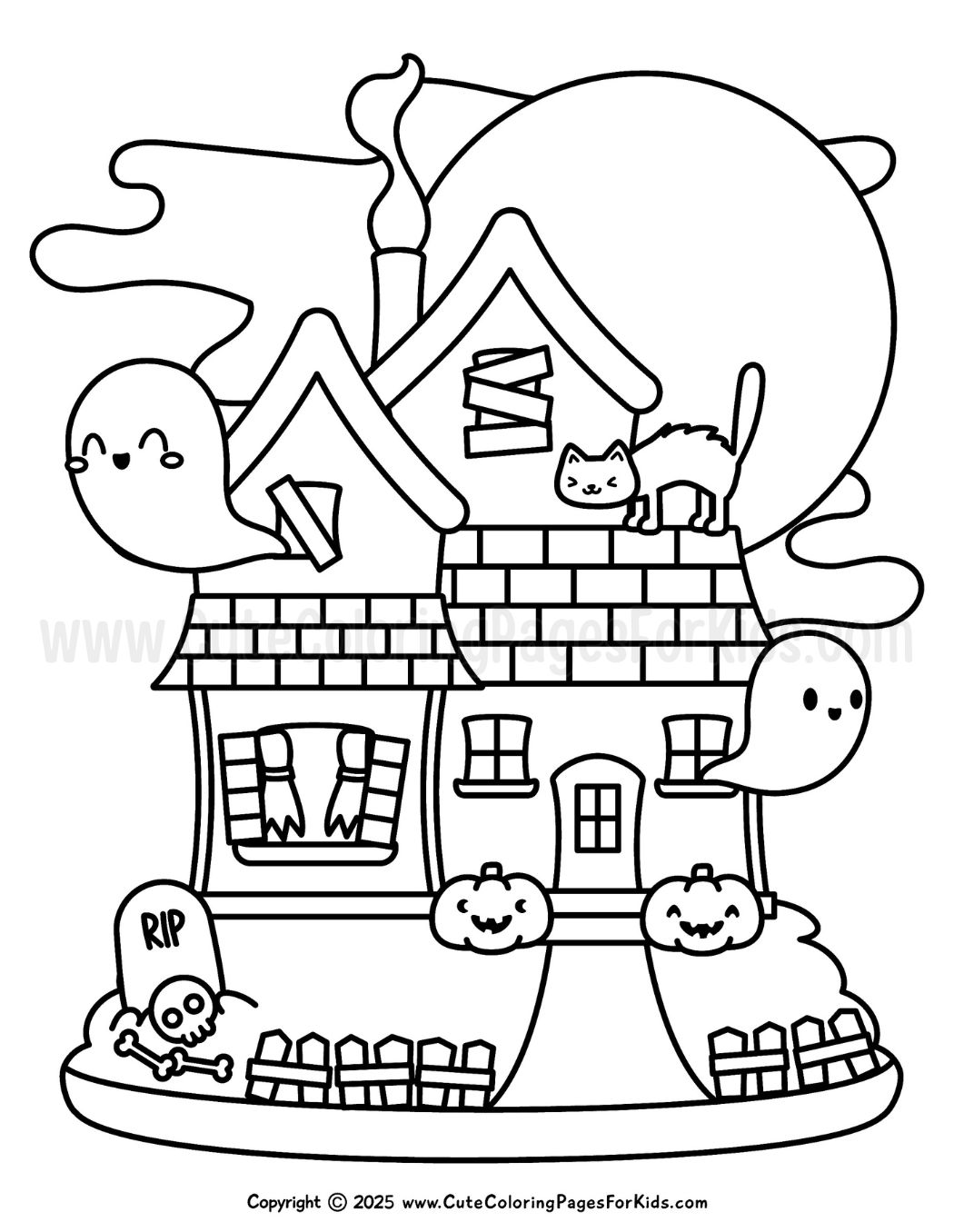 Halloween haunted house coloring page with ghosts, a scaredy cat, and jack o lanterns