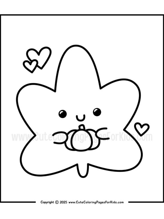 line drawing of simple, kawaii style fall leaf holding a tiny pumpkin