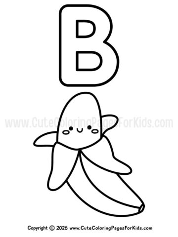 coloring page with line drawing of a cute banana and an uppercase B