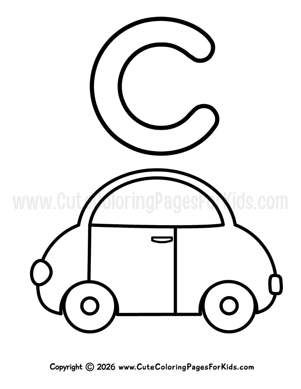 coloring page with line drawing of a simple car and an uppercase C