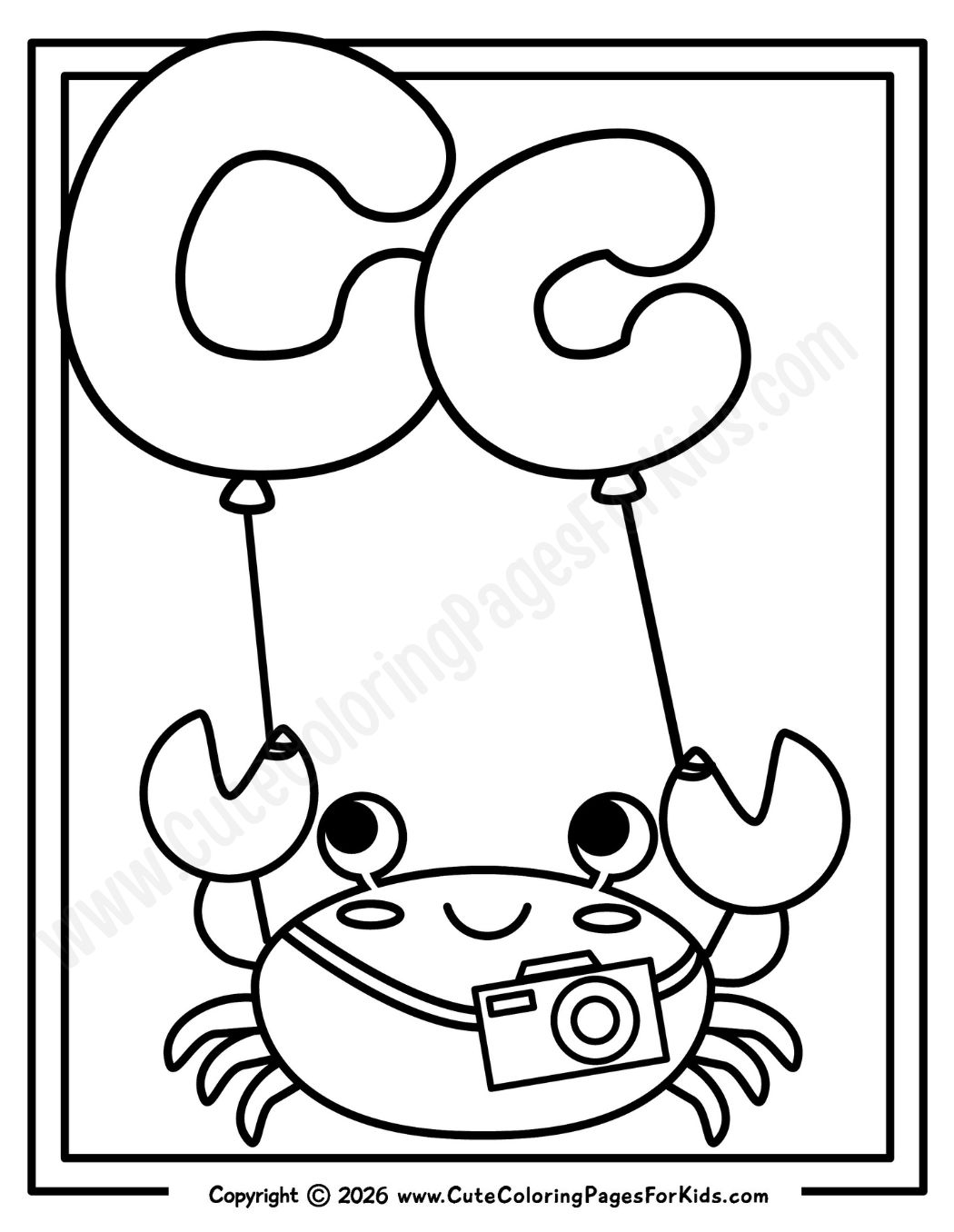 coloring page with line drawing of crab with a camera and holding upper and lower case C shaped balloons